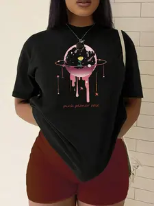 Plus Size Planet Print Drop Shoulder Tee, Fashion Casual Letter Print Crew Neck T-Shirt for Daily Holiday Vacation Outdoor Wear, Women Plus Clothing for Summer