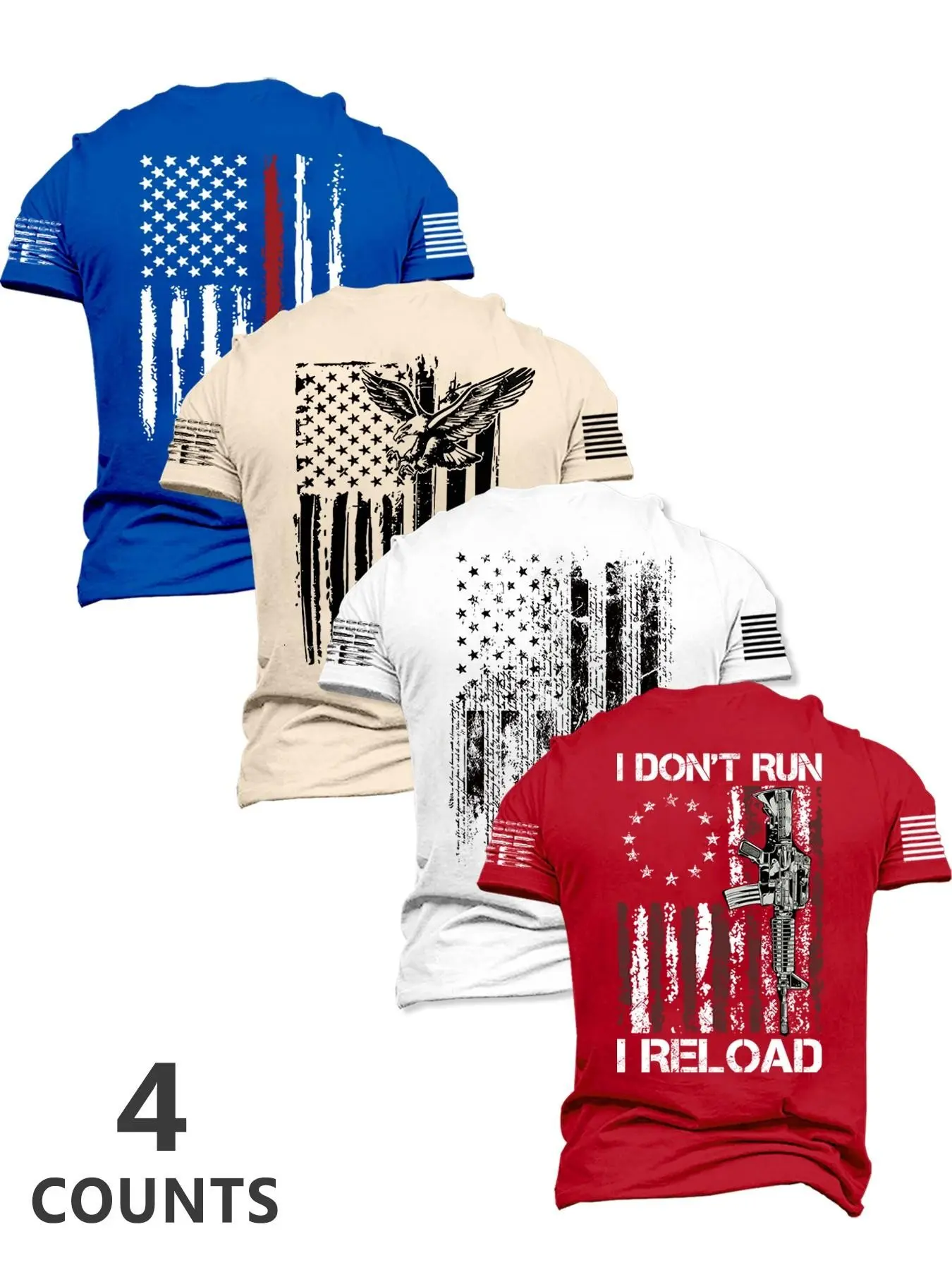 4-Pack Men's Summer Bestseller Flag Print Round Neck Casual Short Sleeve Tops, Perfect for Daily Wear, Streetwear Fashion Style, Menswear