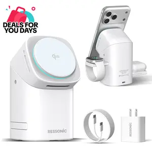 3-in-1 Wireless Charger 15W Fast Charging Qi2 Certified with 30W Adapter for iPhone & Samsung iWatch AirPods Magnetic One-Click System Automatic Rotation Easy Carry