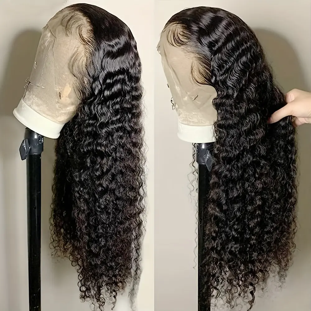 13x4 Lace Frontal Wigs Water Wave Black Color Hair Wig 26 Inches Long Loose Curly Wave Synthetic Hair Pre Plucked Baby Hair Natural Hairline Free Part Glueless Frontal Lace Replacement Wigs for Women Ladies Party Daily Wear Heat Resistant Soft Fiber