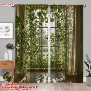 2pcs Fresh Climbing Fake Window Curtains, Printed Blackout Curtains, Modern Minimalist Style, Suitable for Bedroom, Dining Room, Living Room