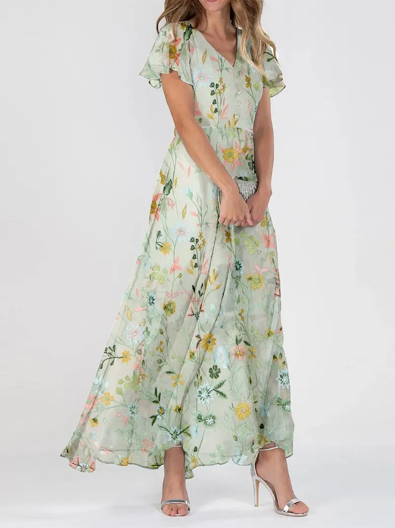 chinese dress ladies V-neck Floral Ruffle Midi Dress main image 0
