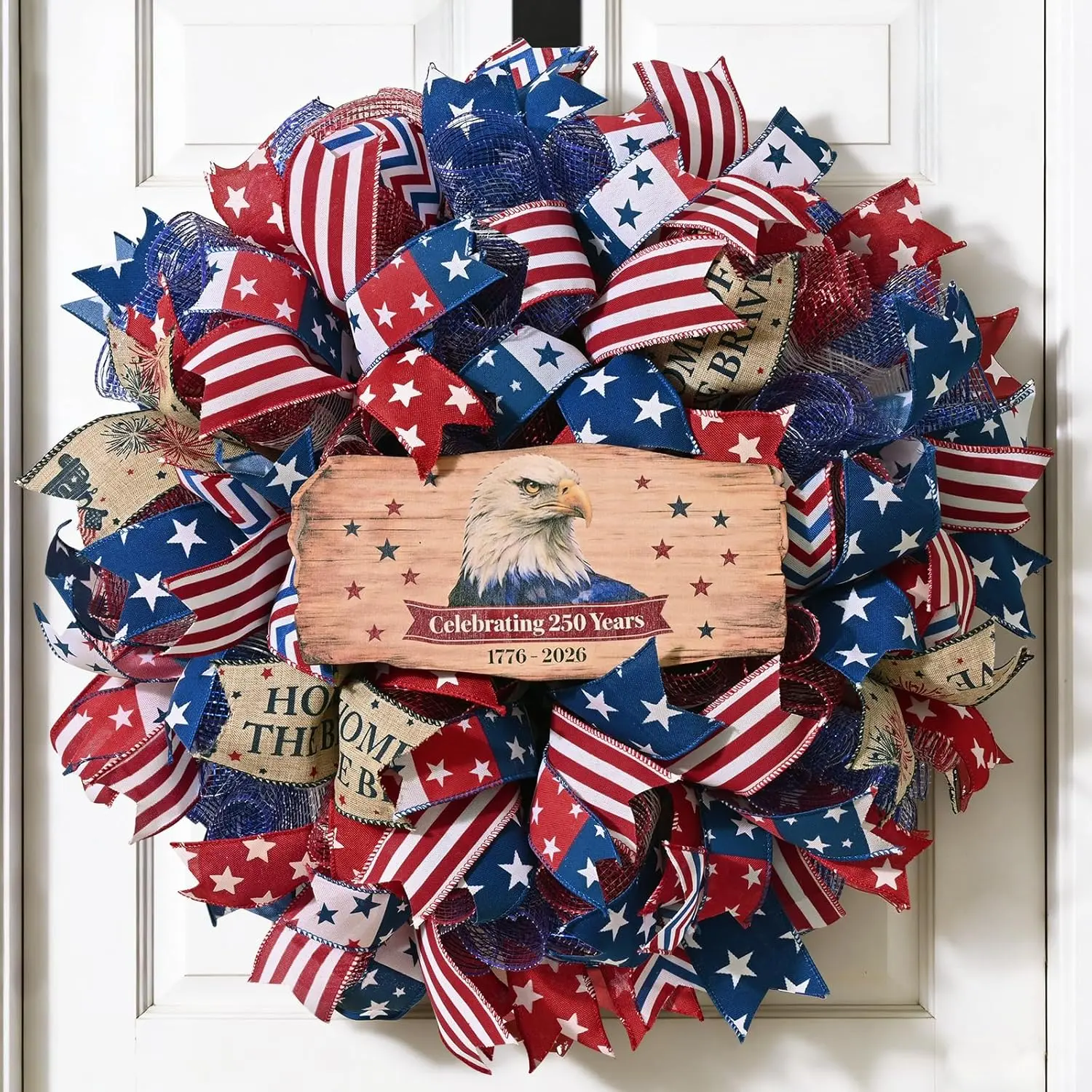 250th Anniversary Patriotic Wreath, 4th of July Wreaths for Front Door with Wooden Eagle Door Sign & Red White Blue Ribbon for Independence Day Memorial Day Patriotic Decorations(18In, 1Pcs)