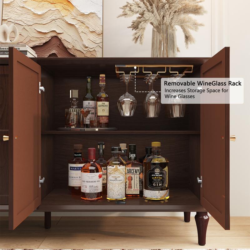 Mid-Century Modern Sideboard Buffet Cabinet, Walnut Wood 4-Door Storage Credenza, Large Capacity, Farmhouse Home Furniture, Entryway Living Room Dining Room, Scratch-Resistant Surface, Hidden Storage Organizer