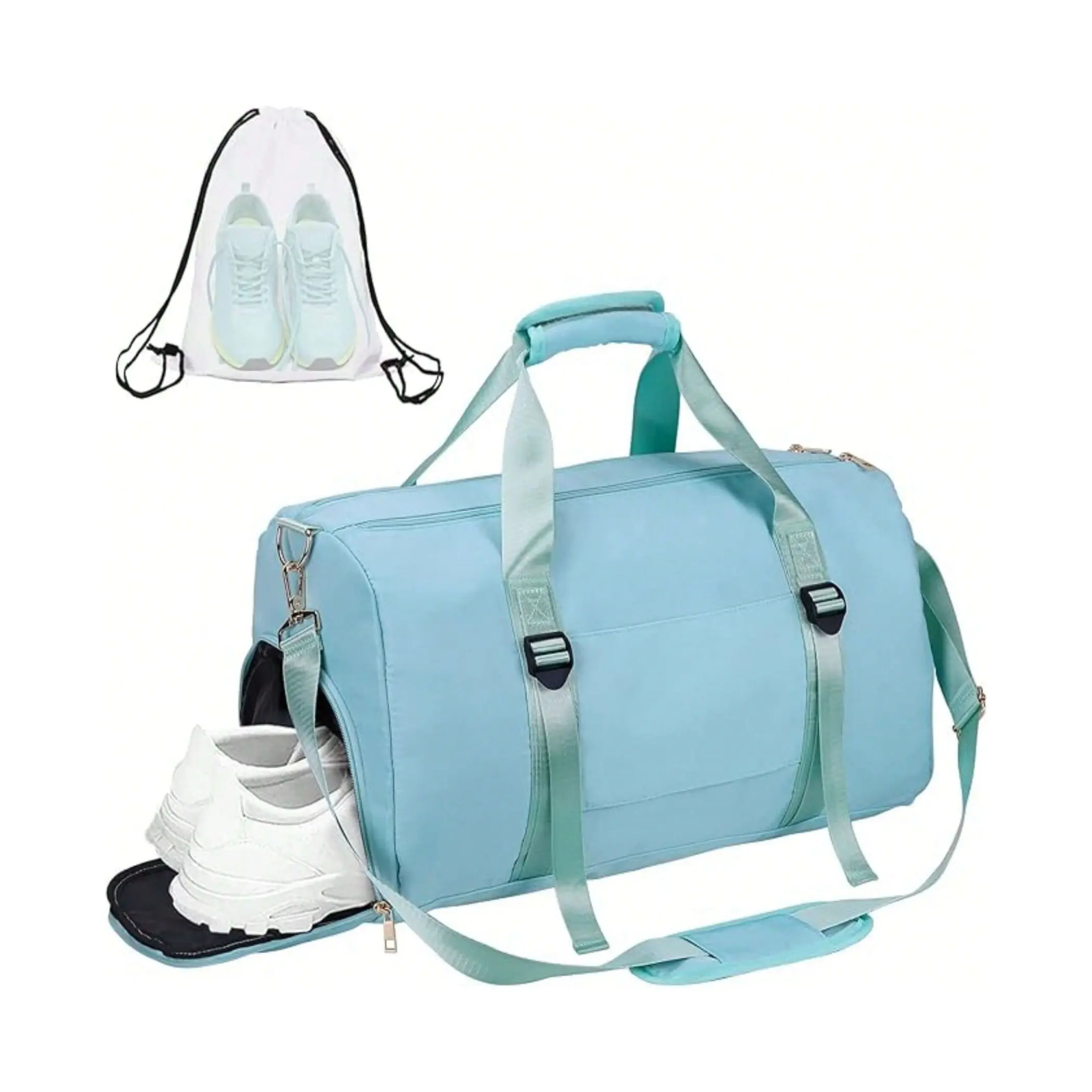 Unisex Light Blue Gym Duffel Bag with Shoe Compartment and Drawstring Bag for Travel/Sports, Triathlon