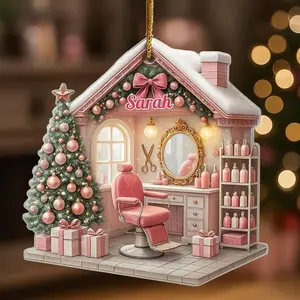 Personalized Hair Salon Christmas Ornament 2D Flat Acrylic Ornament For Hairdressers Hair Stylist Gifts Custom Name Hair Salon Decor