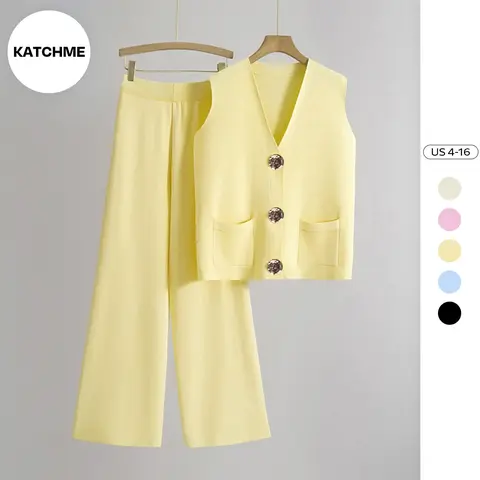 KatchMe Women's Elegant V Neck Gold-Toned Button Decor Tank Top & Wide Leg Trousers Co-ord, Classy Solid Color 2 Piece Co-ord Set, Chic Womenswear