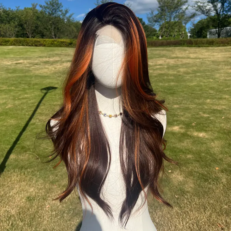 Smilco Brown Gigner Orange Highlight Body Wavy Wig – 0.5*6CM Small Lace Front/22 Inch/SM1675