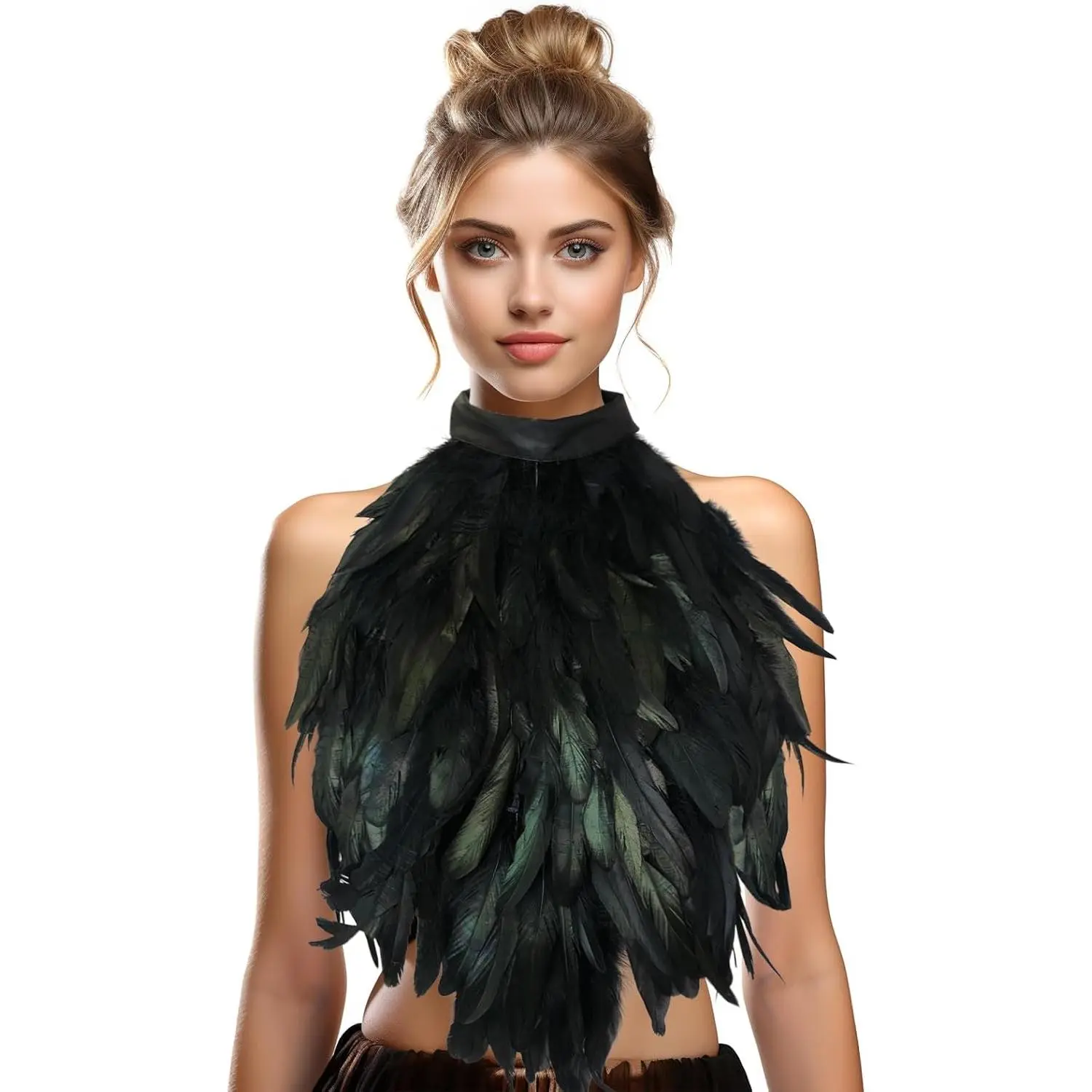 Women's Gothic Feather Capelet - Dramatic Black Wings Shawl Collar, Maleficent Witch Costume & Cosplay Accessory, Accessories