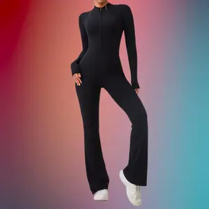 Slim Fit Red Zipper Long Sleeve Slightly Flared Hip Lift Tight Sports Jumpsuit for Outdoor Fitness Running Tennis Yoga Athletic Training Apparel