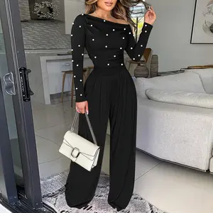 ChicMe Pearls Decor Skew Neck Long Sleeve Cinched Waist Overalls Casual Ruched Zipper Back Wide Leg Jumpsuit for Wedding Guest