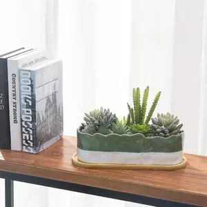 White & Green Rough Edged Glazed Ceramic Planter with Bamboo Tray, 11-Inches