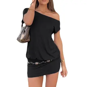 LUNACLO Women's Solid Off-The-Shoulder Short Sleeve Dress, Womenswear Fashion Statement Casual Sheath Dress for Party Club Dating Wear, Women's Dress for Spring & Summer, Elegant
