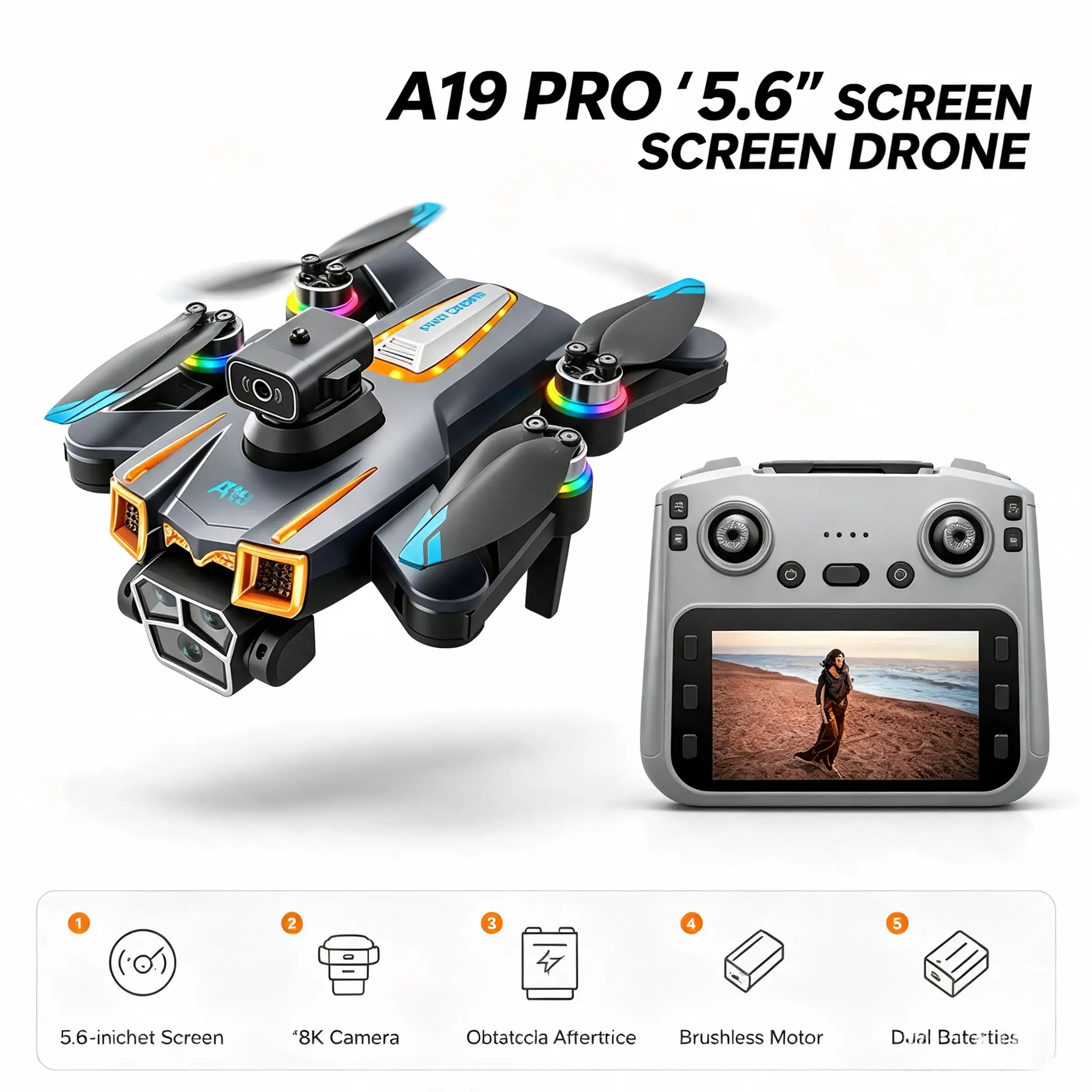 A19 Pro 5.6" Screen Drone No Phone Needed | 8K Triple Camera Electric Adjustable | Brushless Motor Obstacle Avoidance | Optical Flow Hover | Dual Battery 60Min Flight | Pro RC Quadcopter