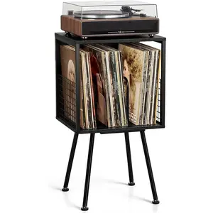 Record player stand with storage function, can hold over 100 vinyl records, industrial-style turntable stand with storage rack, suitable for LP record storage in small spaces, black side table