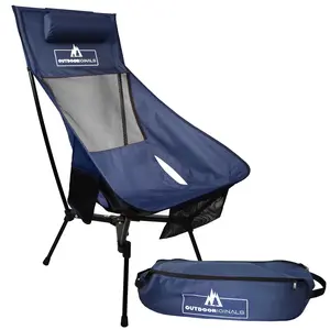 High Back Adjustable Height Camping Chair | Portable Folding High or Low Beach Chair with Pillow | Carrying case | Bahama Blue