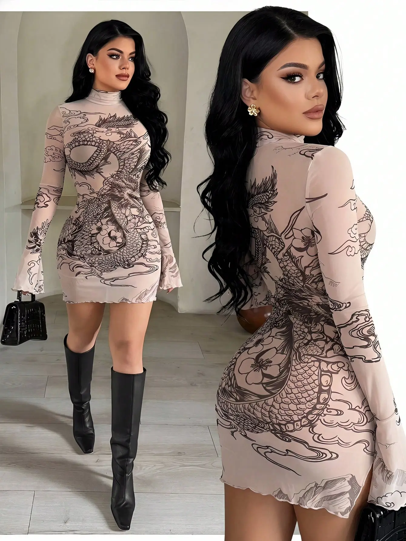 Women’s Dragon Print Sheer Mesh Mini Dress - Pink Leopard Y2K Long Sleeve Club Party Dress, pink leopard dress, sheer mesh dress, Y2K club dress, tattoo print dress