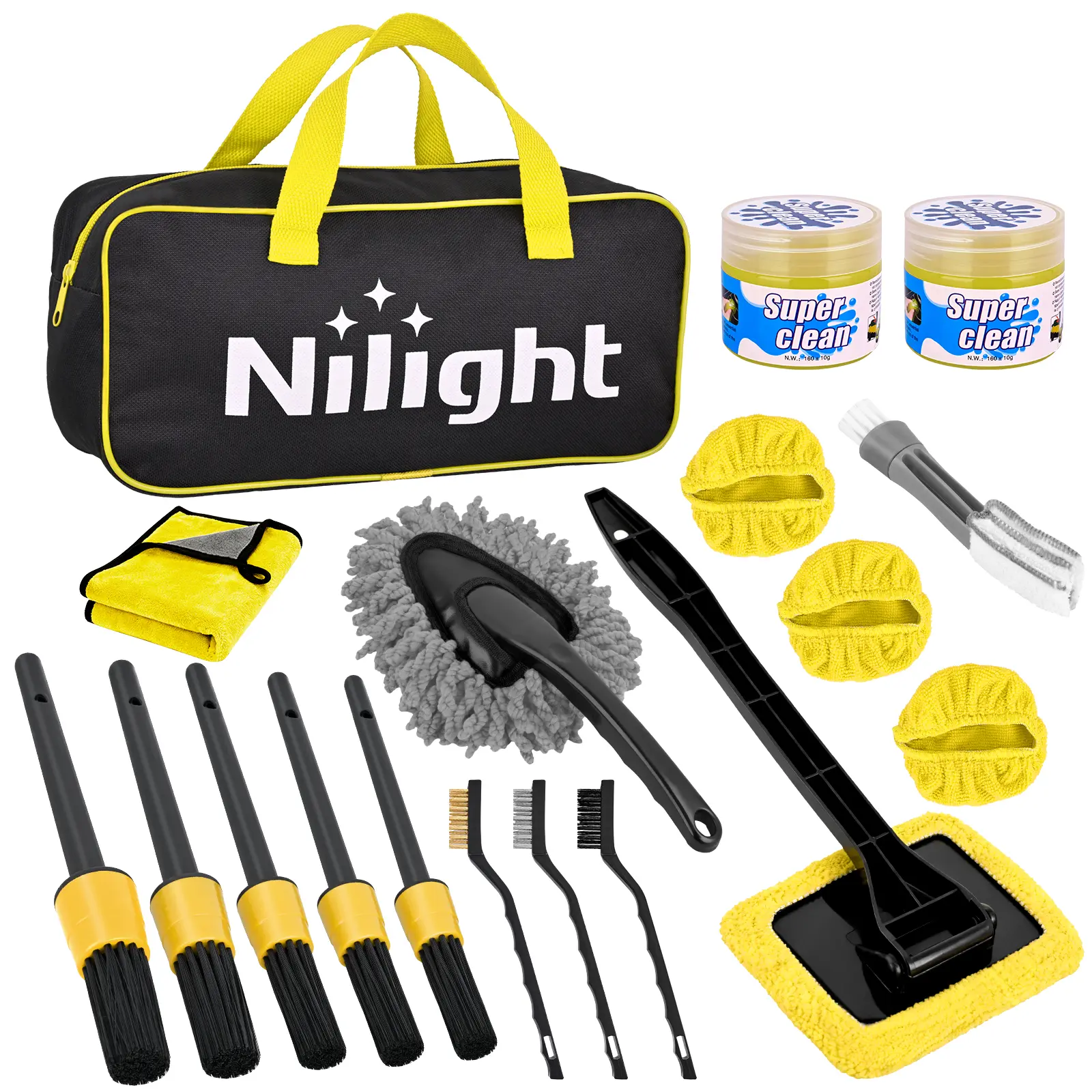 Nilight 15PCS Car Detailing Kit - Car Maintenance Auto Cleaning Tools Wash Set with Storage Carry Bag, Easy-to-Use Accessories for Beginners' Interior & Exterior Care (Windshield, Dashboard, Wheels), Yellow