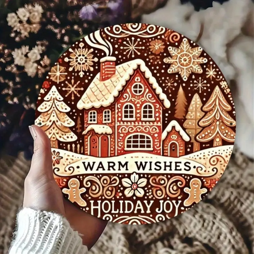 1pc Christmas Gingerbread House Wreath Personalized Round Aluminum Sign Wall Hanging Decorative Plaque for Front Door Porch Living Room Bedroom Ideal Gift for Men Women Friends Home Accent