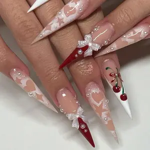 Cherry & Bow Decor Fake Nails, 10pcs/set Long Stiletto Press on Nails for Women & Girls DIY Nail Art Design, Elegant Stick on Nails Kit
