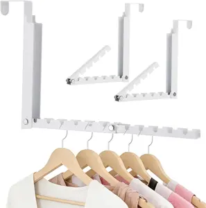 2 Pcs Over The Door Clothes Drying Rack - Foldable Extended Over The Door Rack with 11 Hooks, Metal Clothes Hanger, Space-Saving No Drilling Holder for Clothes, Hats, Bags and Towels (White)