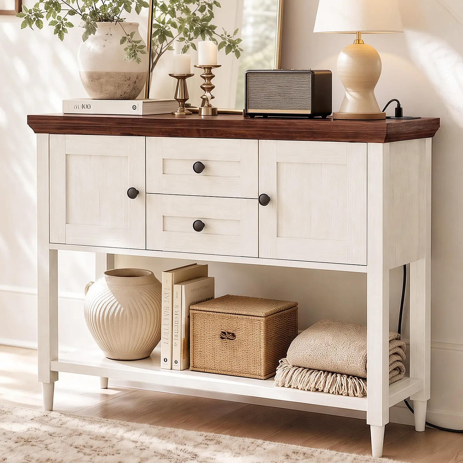 41.7" Console Table with Drawers and Outlets, Farmhouse Entryway Table Buffet Cabinet with Storage for Living Room