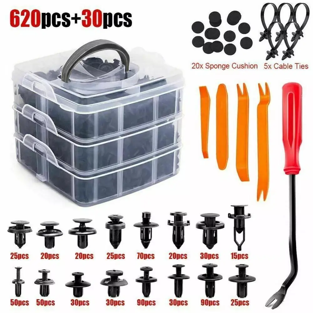 650Pcs Car Plastic Retainer Clips Kit - Auto Push Trim Pins, Rivets, Bumper Fasteners with 1 Screwdriver, 4 Pcs Panel Removal Tool, 620Pcs Boxed Buckle Set, 20 Pcs Sponge-Cushion for Trucks, Easy Install