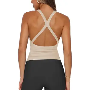 Outdoors & sports Hragc Womens Halter Tops Racerback Workout Tank Top for Women Plunge V Neck Split-Back Spaghetti Strap Fitted Ribbed Shirts