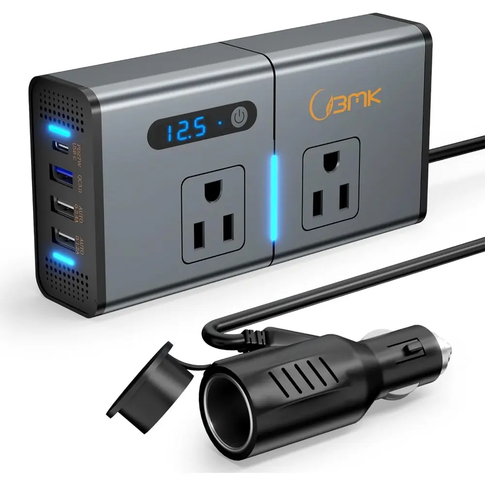 200W Power Inverter Newly Plug Outlet Charger DC 12V to 110V Inverter with 1.2A&2.4A USB, 1 QC3.0 USB and 1 Type C Ports Black