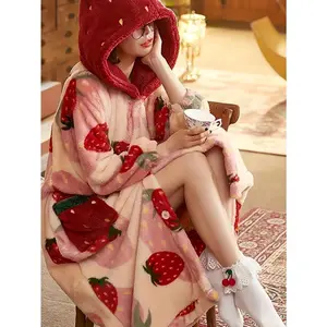 Cozy Strawberry Robe – Soft coral fleece robe with cozy strawberry print for women; long-sleeve hooded gown/loungewear/nightwear; comfortable, oversized, baggy, loose fit