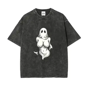 Sexy Ghost Vintage Washed Oversized T-Shirt, Gothic Halloween Streetwear Graphic Tee, Dark Grunge 100% Cotton Shirt, Y2K Retro Style, Spooky Casual Outfit for Men Women