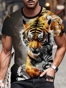 Men's Tiger Print 3D Digital Graphic Print T-Shirt, Animal Tee, Casual Streetwear Menswear Comfortable Short Sleeve Pullover, Summer Outdoor Fashion Tee Top for Men
