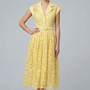 Yellow Lace Dress with Cap Sleeves and Belted Waist for Women