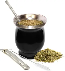 Yerba Mate Cup Kit, 8-Ounces Traditional Mate  Cup/Gourd Set | Includes 2 Bombillas (Yerba Mate Straw) & Cleaning Brush, Stainless Steel Cup, Double-Walled, Easy to Clean | Black