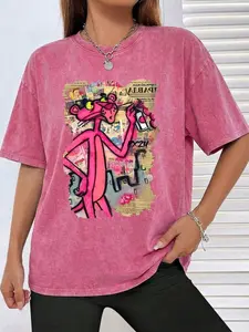 Pink Panther Graphic Tee, Women's Vintage Acid Wash T-Shirt, Retro Cartoon Newspaper Print Cotton Top, Summer Oversized Streetwear Shirt