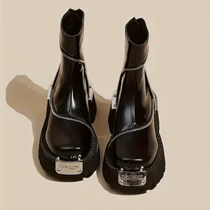 Hand Washable/Dry Cleanable Man-Made Upper Material - Women's Square Toe Ankle Booties with Zipper Closure - Solid Black Platform Heel Boots with Rubber Sole and Fabric Insole