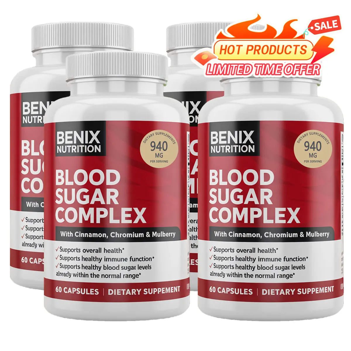 4-Month Supply | Blood Sugar Support Supplement with Cinnamon & Chromium | 4-Bottle Value Pack | Helps Maintain Healthy Levels* | All-Natural, Non-GMO