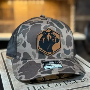 Richardson Brown Bark Camo Hat 112 - Camo Two-Tone Cap with a Black Bear Patch