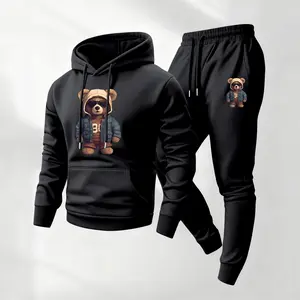 Men's Trendy Cool Bear Printed Hoodie and Drawstring Sweatpants Set, Menswear, Casual Athletic Long Sleeve Hooded Jacket & Trousers for Fall & Winter, Men's Clothing for Daily Wear, Sportswear Indoor Outdoor, Tracksuit, Athleisure Summer Clothes