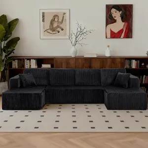 【2 Packages Shipping】127 Inch Modular U-Shaped Sofa, Fluffy Plush Corduroy Fabric, Convertible Recliner Sofa Bed, Deep Seat Boneless Cloud Couch, No Assembly, Modern Comfy Indoor Furniture for Living Room Bedroom Apartment summergarden