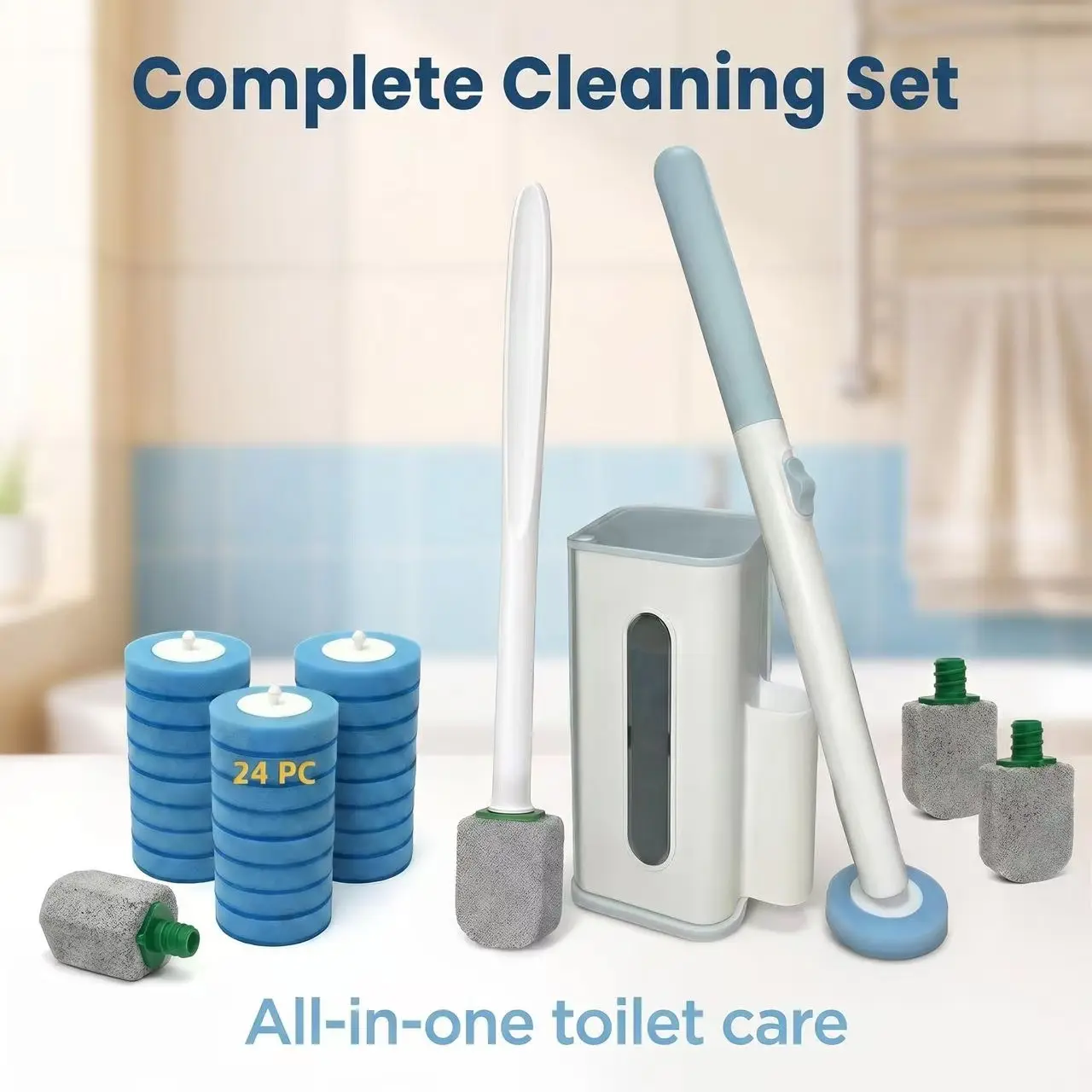 2-in-1 Toilet Cleaning System, Disposable Toilet Brush with 24 Refills & 4 Pumice Stone Scrubbers, Removes Hard Water Stains, Limescale, Rust & Toilet Bowl Rings