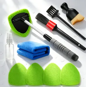 【FathersDayGift】10Pcs Car Windshield Cleaner Kit - Auto Glass Cleaning Tool with Extendable Handle, 4 Microfiber Replacement Covers, 3 Air Vent Detail Brushes, Blue Microfiber Cloth, Empty Spray Bottle for Car Detailing, Home Window Care