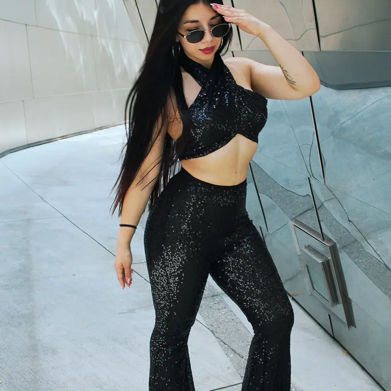 Sparkling Nights Sequin Halter Top & Flared Pant Two-Piece Set