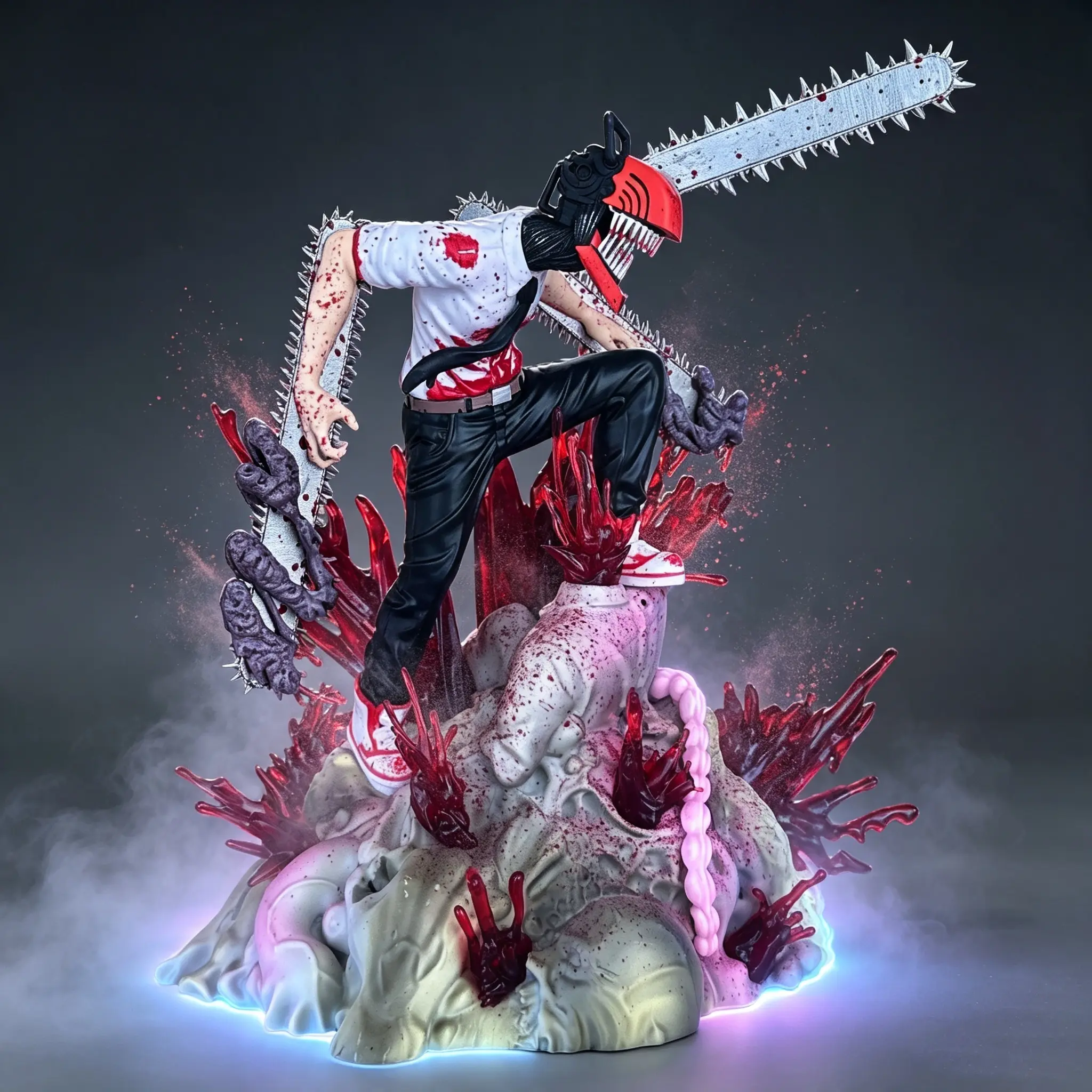 Anime Figure Chainsaw Hero Statue, Detailed Scene Base Collectible Model Toy, Desktop Decoration Gift for Fans.