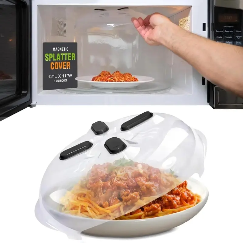 Magnetic Splatter Cover, 12-Inch Clear BPA-Free Kitchen Food Lid, Vented Plate Guard with Steam Vents, Anti-Splash Microwave Lid, Dishwasher Safe, Space-Saving Magnetic Storage, Kitchen Gadgets