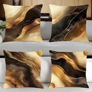 4-Pack Luxury Golden and Brown Abstract Marble Pattern Short Plush Pillowcases, 100% Professional, Machine Washable, Zipper Closure, Fabric Decorative Pillowcases for Home, Room, Office, Living Room, Sofa Decoration- Modern Style(Insert Not