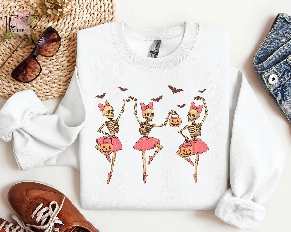 Dancing Ballerina Skeleton Sweatshirt, Spooky Pumpkin Dancer Crewneck, Halloween Ballet Skeleton Sweater, Cute Spooky Season Pullover, Funny Halloween Gift for Women, Gothic Dance Teacher Apparel, Cozy Autumn Aesthetic Fall Clothing Apparel
