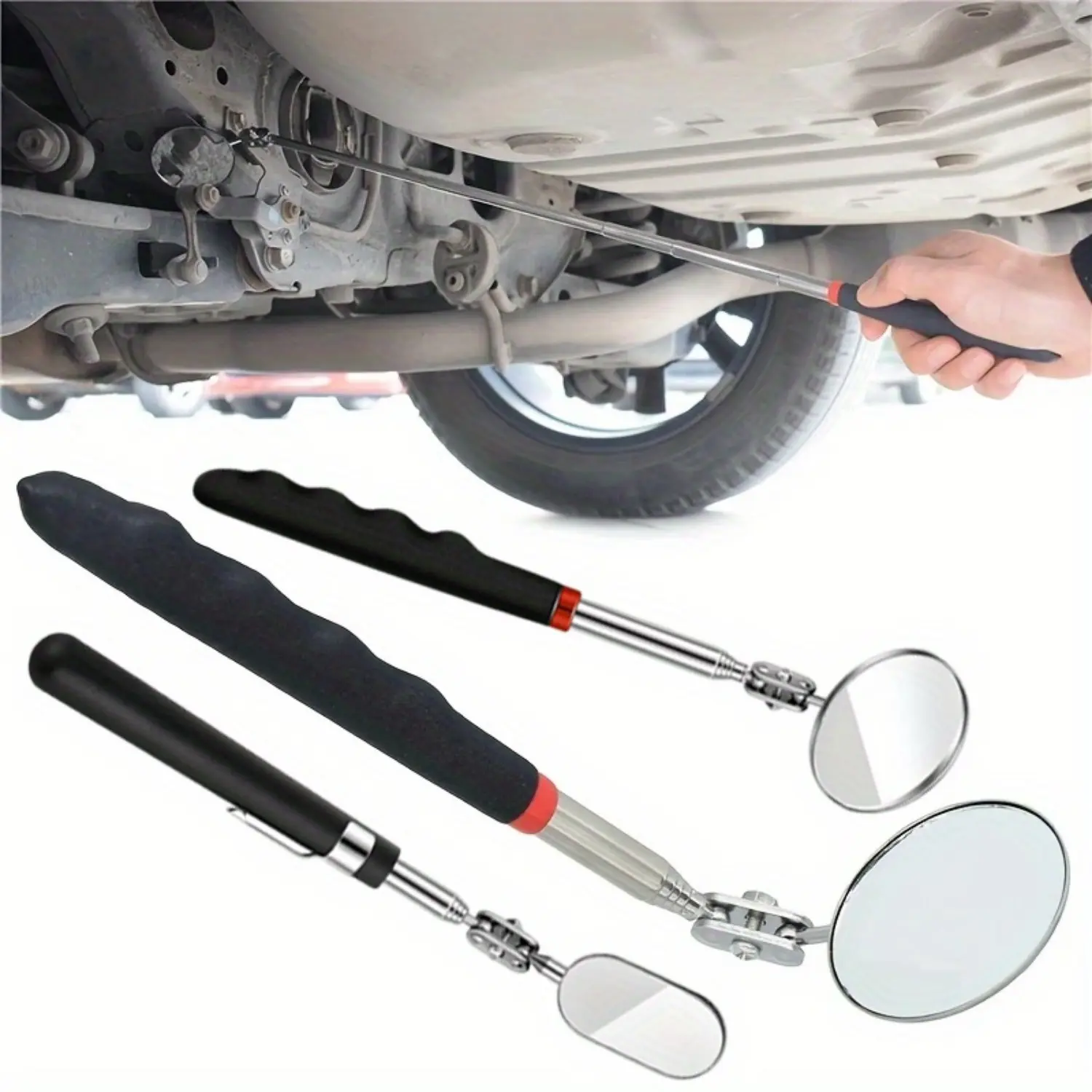 3-Piece Folding Rotating Neck Mirror Set with Telescopic Adjustable Extension Rods, LED Lamp - Car Bottom Inspection, Auto Repair Diagnostic Tool for Pickup Trucks (Home Improvement, Building Supplies), Telescopic Rod