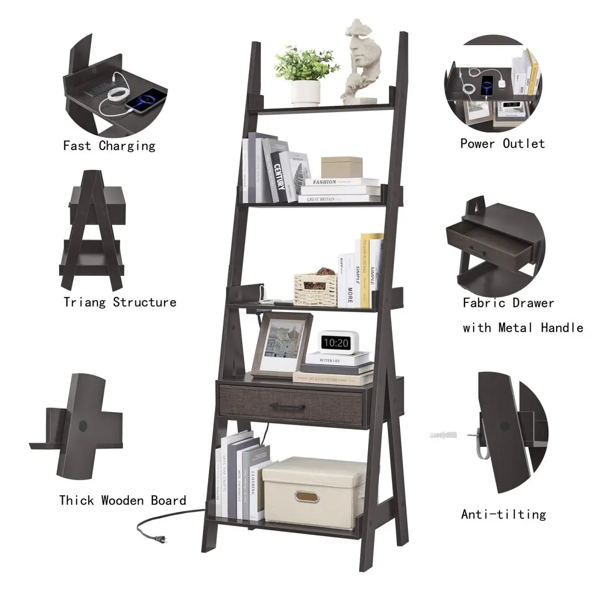 212 MAIN 5-Tier Wooden Ladder Bookshelf Organiser Rack - Home Organizer with Power Outlet, USB Port, Fast Charge, Drawer, Plant Display, Utensils Storage for Home Office, Kitchen (Espresso)