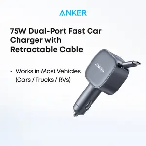 Anker USB-C Car Charger, 75W Max Fast Charging, Sleek and Compact Design with Retractable Cable, for iPhone 17 / 16 / 15 Series, Samsung S24 / S23, MacBook, and More